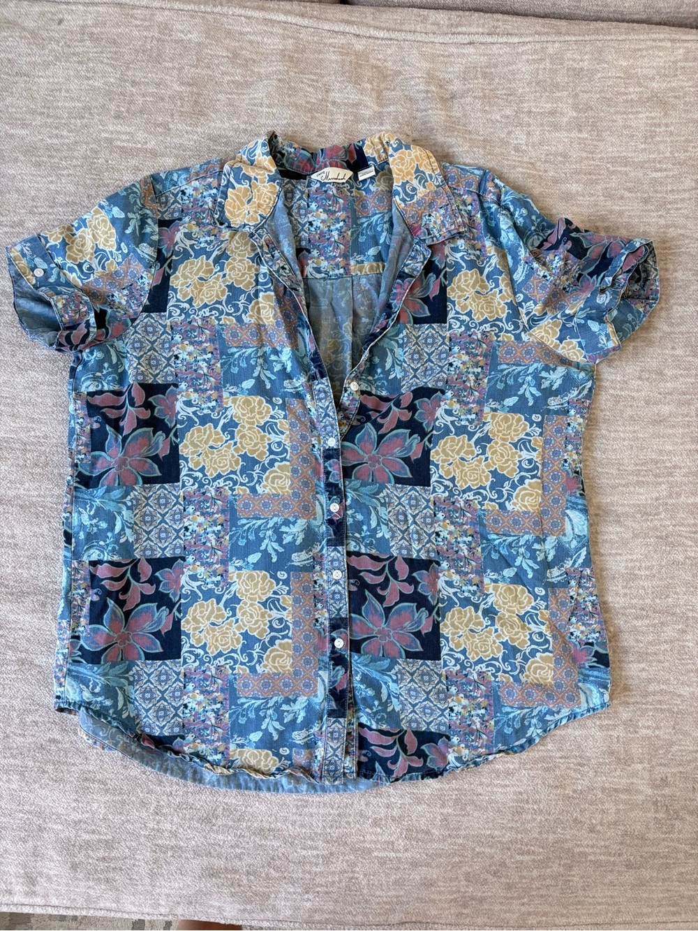 Cafe Marrakesh Patchwork Floral Button-Up in Blue, Yellow & Pink